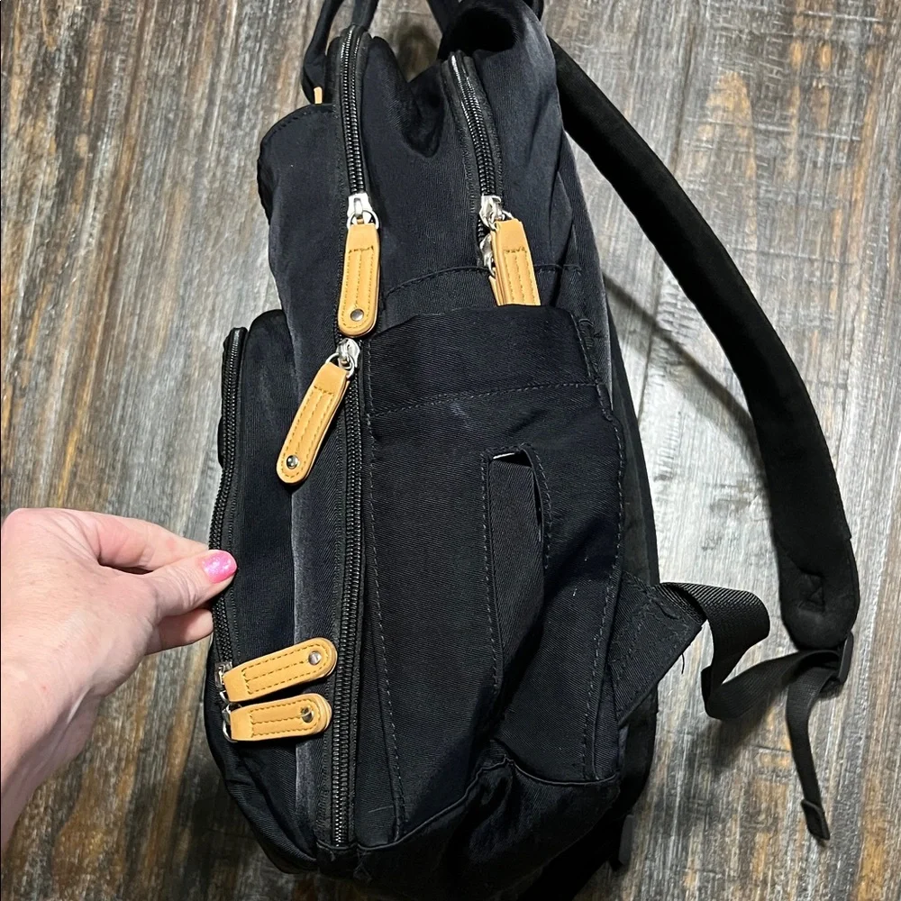 Black Diaper Bag with 16 pockets and Tan Accents